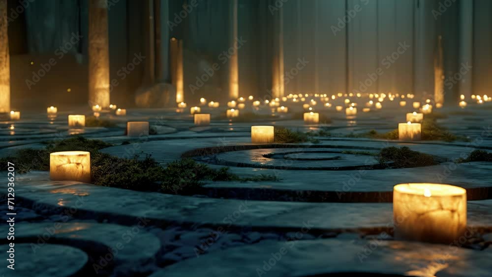 Poster a labyrinth illuminated by the soft glow of lanterns, creating a peaceful and meditative atmosphere.