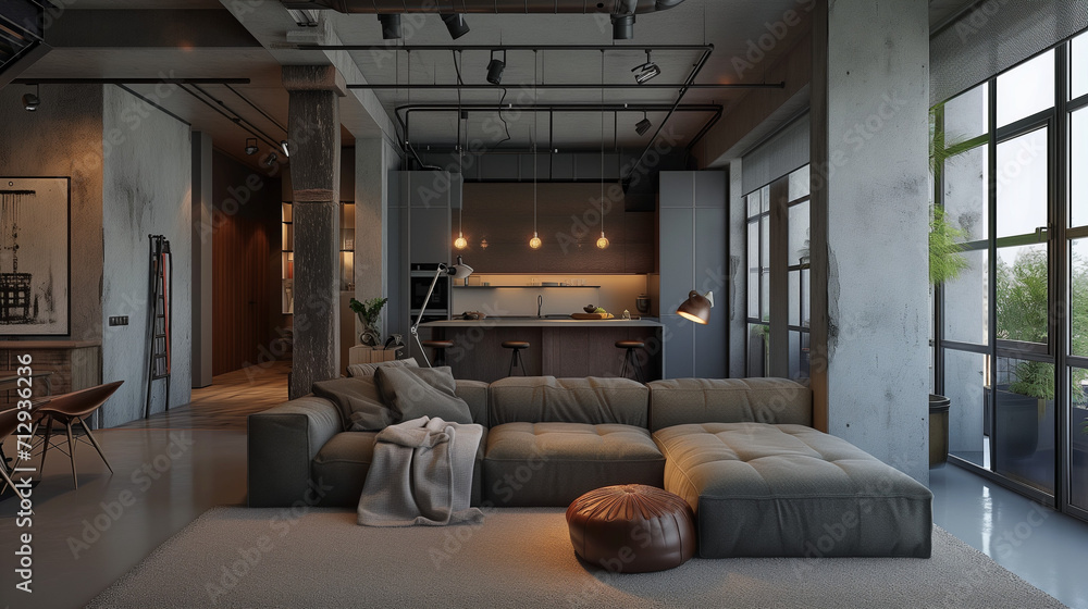 Wall mural Loft home interior design of modern living room. Studio apartment with concrete wall and column