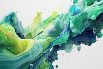 Graphic resources mix of green and blue goo, smoke, mist, cloud or dye, paint floating in water or levitating in air. Abstract, minimalist and surreal background with copy space - obrazy, fototapety, plakaty