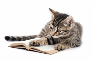 Cute tabby cat holding and reading a book isolated on white background