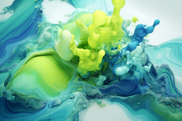 Graphic resources mix of green and blue goo, smoke, mist, cloud or dye, paint floating in water or levitating in air. Abstract, minimalist and surreal background with copy space