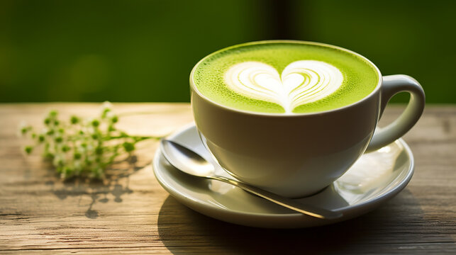 beautiful matcha green tea latte on wooden table in a zen garden outdoor cafe