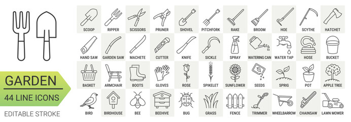 Garden tools. Line icon set with editable stroke. Vector gardening symbols for agriculture design. Collection of simple elements: hand tools, equipment, garden supplies. 44 editable line icons. - obrazy, fototapety, plakaty