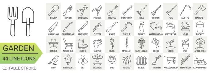 Tuinposter Garden tools. Line icon set with editable stroke. Vector gardening symbols for agriculture design. Collection of simple elements: hand tools, equipment, garden supplies. 44 editable line icons. © Vector FX