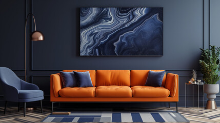 Orange sofa and armchair against dark blue classic wall with marbling poster. Art deco home interior design of modern living room