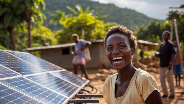 Portrait of smiling african american woman standing with solar panel in background