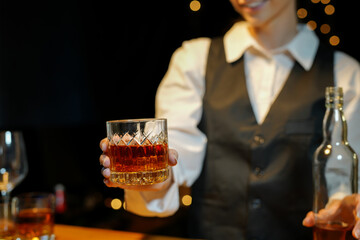 Bartender Serve Whiskey, on wood bar, 