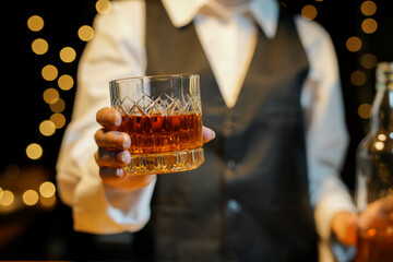 Bartender Serve Whiskey, on wood bar, 