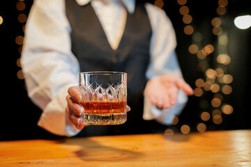 Bartender Serve Whiskey, on wood bar, 