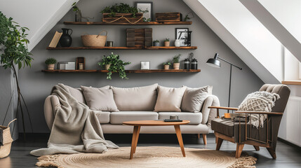 Sofa and lounge chair against grey wall with rustic shelves. Scandinavian home interior design of modern living room in attic