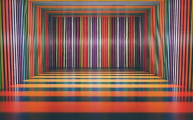 Multicolored room with striped walls and floor with Generative AI.
