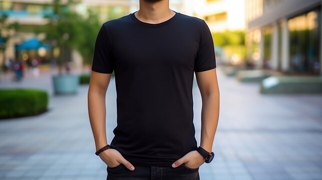 potrait man wearing casual black shirt standing outdoors. Front look. Retail concept. mock up