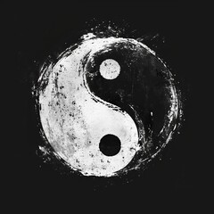 Roughly hand painted white and black yin and yang symbol with visible brush strokes on solid black background