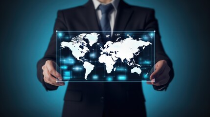 A businessman holds up a world map infographic board with communication icons, photos, on a blue background. Touch screen technology. Touch screen technology.