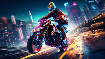Extreme rider, he is riding on the rooftop, performing stunts, nighttime city illumination, neon signs creating bright colorful reflections.
