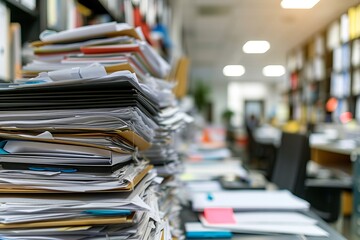 Piles of paperwork and folders in office room. The concept of workaholism, an emergency at work - obrazy, fototapety, plakaty