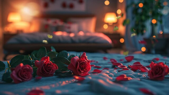 Valentines Day in a room with a romantic feel and red roses. video animation