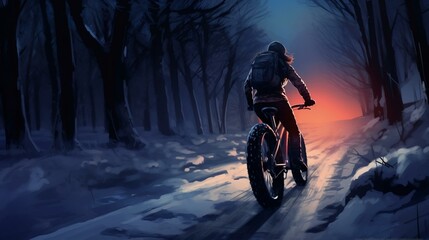Woman in warm clothing, She is riding a fat bike with wide tires on a snowy trail, Twilight, with the bike's lights illuminating the path.
