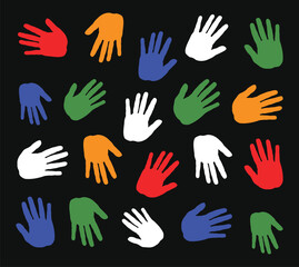 Illustration background of hands in red, blue, black, green, yellow, and orange colors on a black background