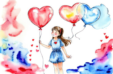 A girl in a blue dress holds in her hands balloons in the form of hearts in a watercolor style. Happy childhood concept, valentines day
