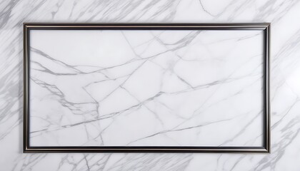 Wide black empty frame on white marble wall background 