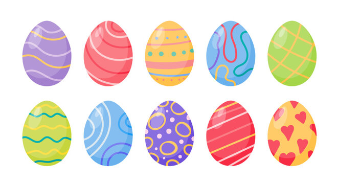 Colorful decorated Easter egg set. Doodle pattern design elements for holiday cards.