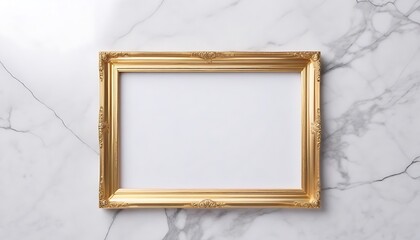 Empty oldstyle golden frame on white marble wall texture 