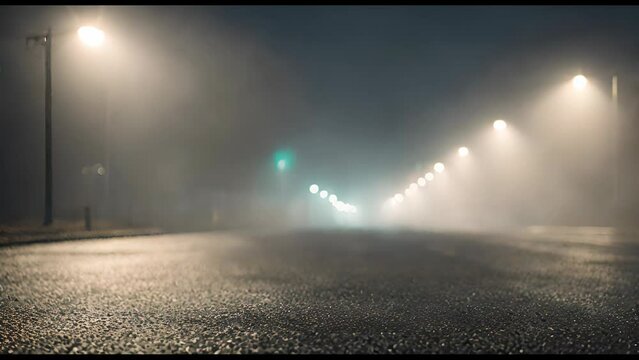 Foggy Street at Night with Street Lights