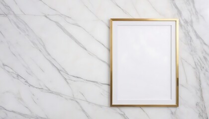 Vertical gold frame on white marble wall, empty, on the right side, wide illumination
