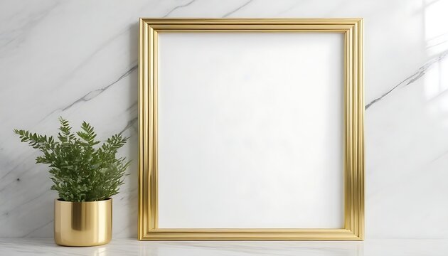 Gold frame and golden vase plant on white marble wall background 