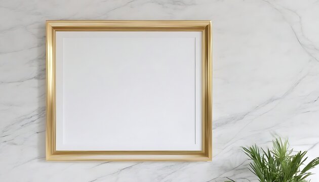 Gold frame on white marble wall background with plants