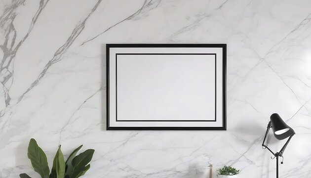 Thin double black frame on a white marble wal background, with plants and light