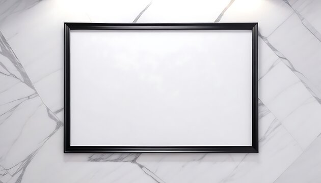 Blank wide rectangular black photo frame on simple marble wall, single light from above 