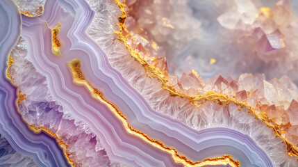 Macro close-up of natural geode crystal gemstone mineral rock formation, pink, purple, gold, amethyst, rose quartz, agate, background image, room for copy space