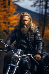 Fototapeta na wymiar portrait of a stylish brutal male motorcyclist biker riding a motorcycle