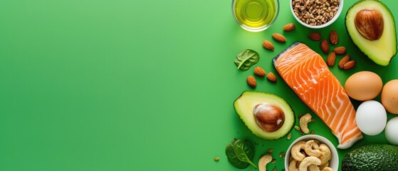 Fototapeta na wymiar Concept of a ketogenic diet with ingredients like salmon, avocado, eggs, nuts, and seeds, set against a bright green backdrop, top perspective, Ai Generated.