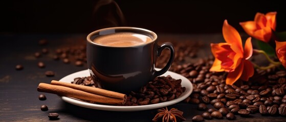 A cup of coffee is sitting on a saucer, surrounded by coffee beans, Ai Generated