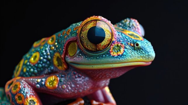 The image shows a colorful frog sitting on a black surface, Ai Generated