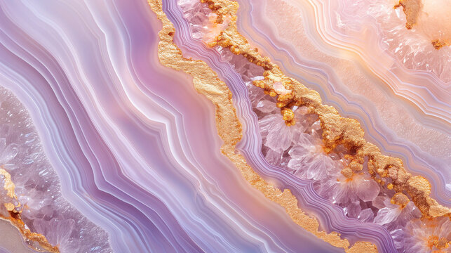 Macro close-up of natural geode crystal gemstone mineral rock formation, pink, purple, gold, amethyst, rose quartz, agate, background image, room for copy space