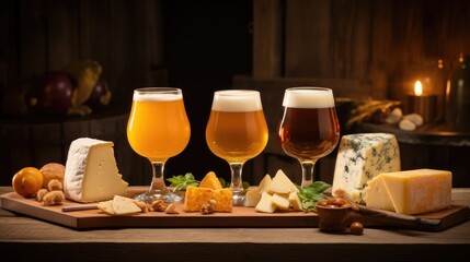 A table topped with a variety of cheeses and glasses of beer, Ai Generated
