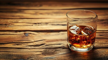A glass of whiskey with ice cubes on a wooden table, Ai Generated