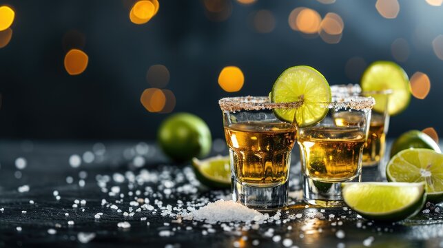 The glasses of tequila with lime slices on a table, Ai Generated