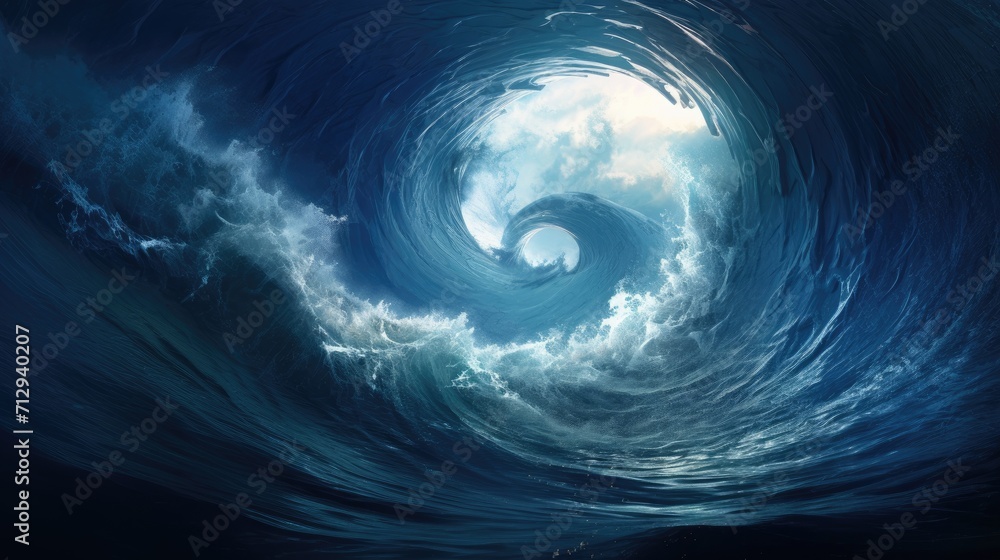 Wall mural blue sea waves spiraling into a circular water tornado formation, ai generated