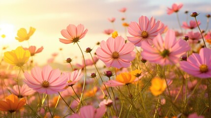 Fototapeta na wymiar Flourishing field of yellow, pink, and orange cosmos flowers basking in the sunlight, Ai Generated