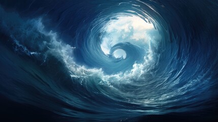 Blue sea waves spiraling into a circular water tornado formation, Ai Generated - Powered by Adobe