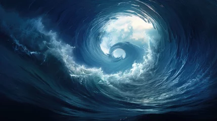 Fotobehang Blue sea waves spiraling into a circular water tornado formation, Ai Generated © Crazy Juke