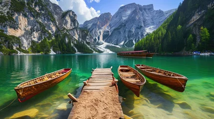 Papier Peint photo autocollant Dolomites Vessels on Braies Lake Pragser Wildsee, nestled in the Dolomite mountains, Ai Generated
