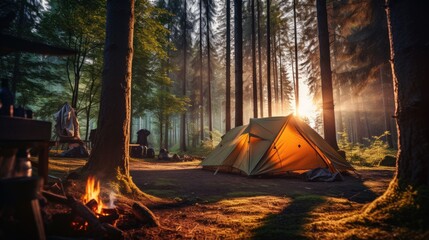 Camping in the wild forest in spring brings nature's awakening to life, offering a rejuvenating escape. Ai Generated.