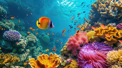 Vibrant fish gracefully glide through colorful coral reefs, Ai Generated.