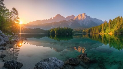 Witness the impressive summer sunrise over Eibsee lake with the backdrop of the Zugspitze mountain range, Ai Generated. - obrazy, fototapety, plakaty
